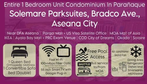 1BR Solemare Aseana MOA Okada Ayala Bay Mall COD Paranaque w/WIFI